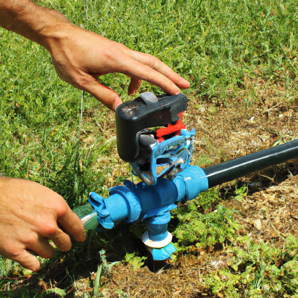 Person adjusting sprinkler irrigation system